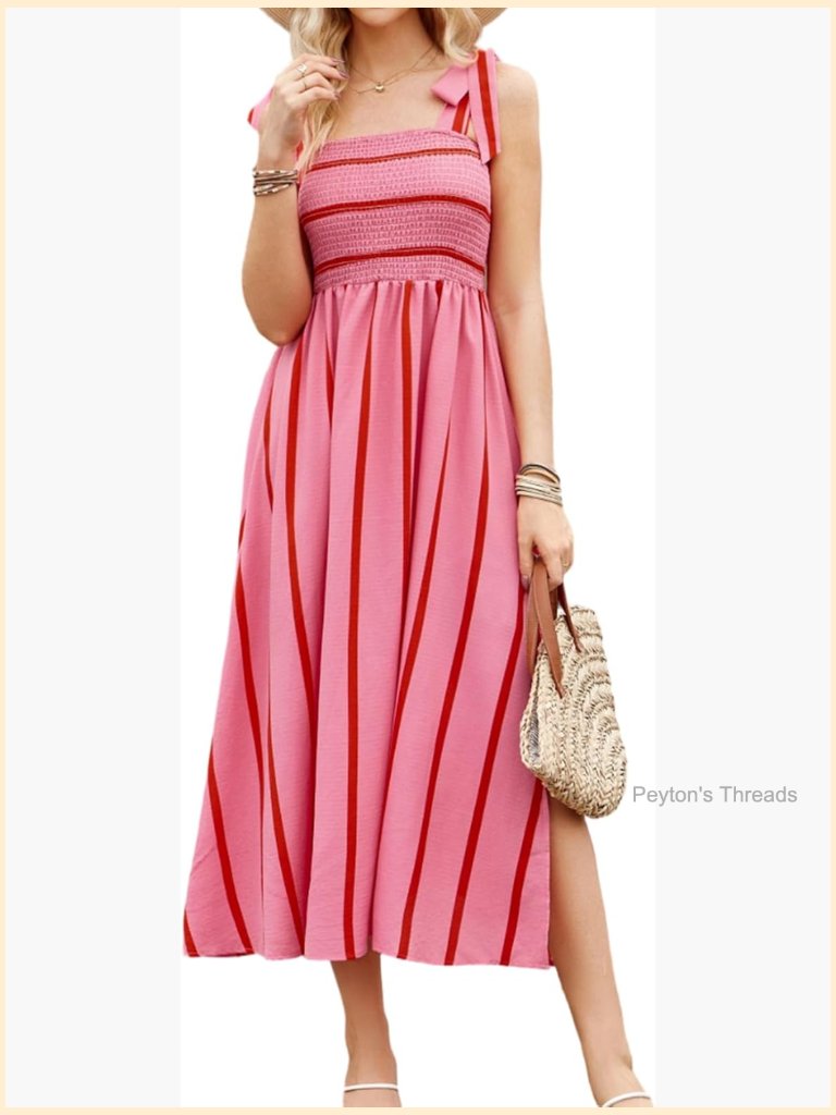 Square Neck Flowy Midi Dress With Tie Shoulders - Summer Casual